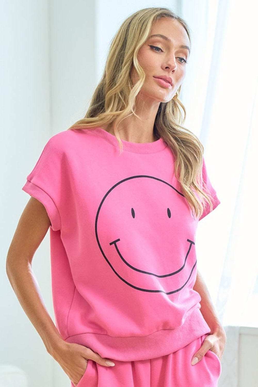 First Love Smile Face Drop Shoulder Brushed Inside T-Shirt - Trendsi - Flyclothing LLC