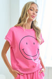 First Love Smile Face Drop Shoulder Brushed Inside T-Shirt - Trendsi