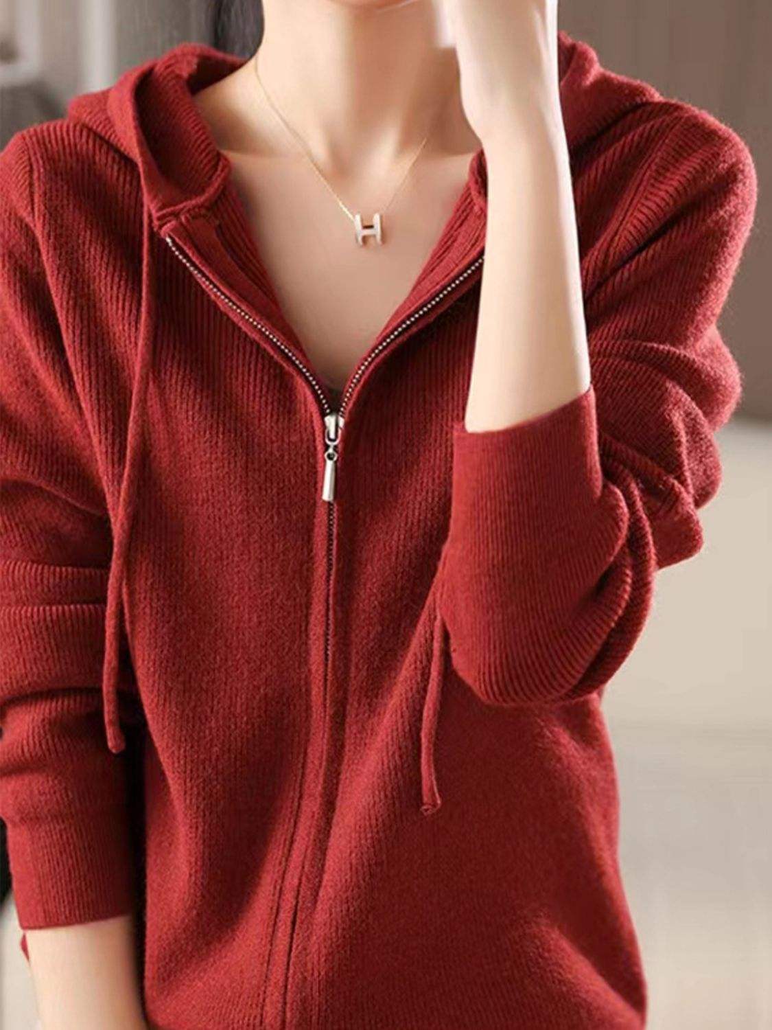 Drawstring Zip Up Long Sleeve Hooded Sweater - Trendsi - Flyclothing LLC
