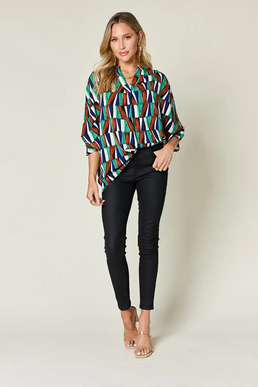 Double Take Full Size Geometric Notched Dolman Sleeve Top - Trendsi - Flyclothing LLC
