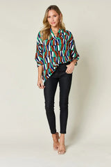 Double Take Full Size Geometric Notched Dolman Sleeve Top - Trendsi - Flyclothing LLC
