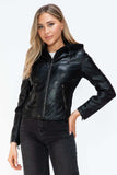 Snobbish Faux Leather Zip Up Drawstring Hooded Jacket - Trendsi - Flyclothing LLC