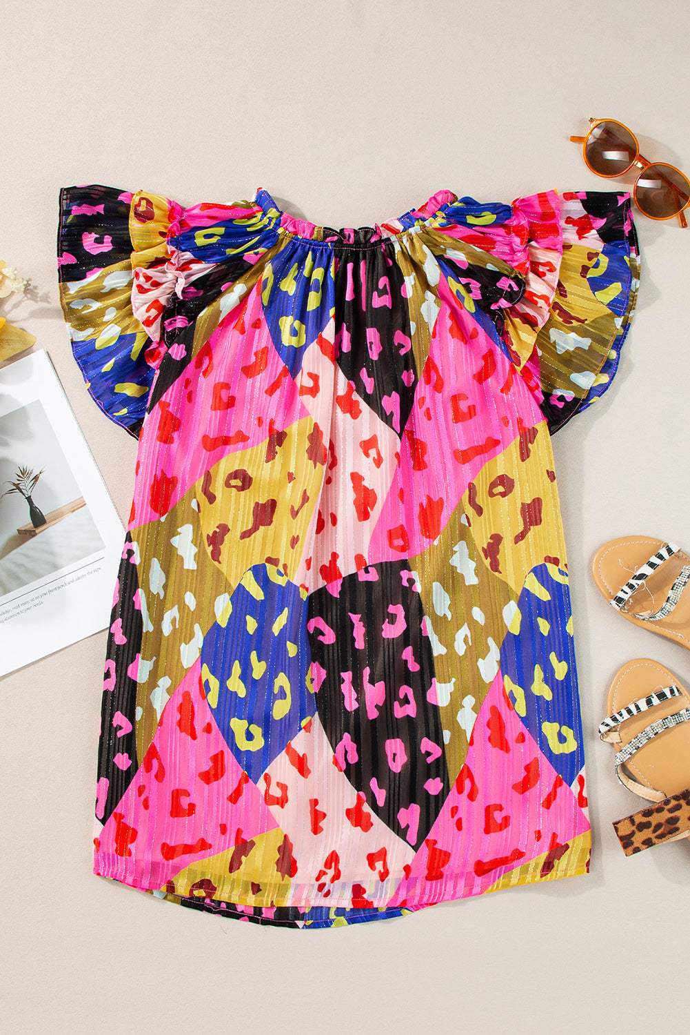 Ruffled Printed Tie Neck Cap Sleeve Blouse - Trendsi - Flyclothing LLC