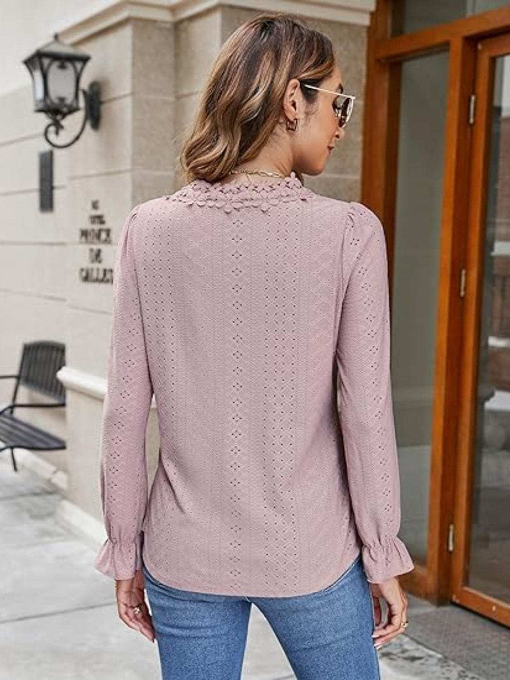 Lace Detail Eyelet V-Neck Flounce Sleeve Blouse - Trendsi - Flyclothing LLC