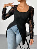Square Neck Lace Patchwork Long Sleeve T-Shirt - Trendsi