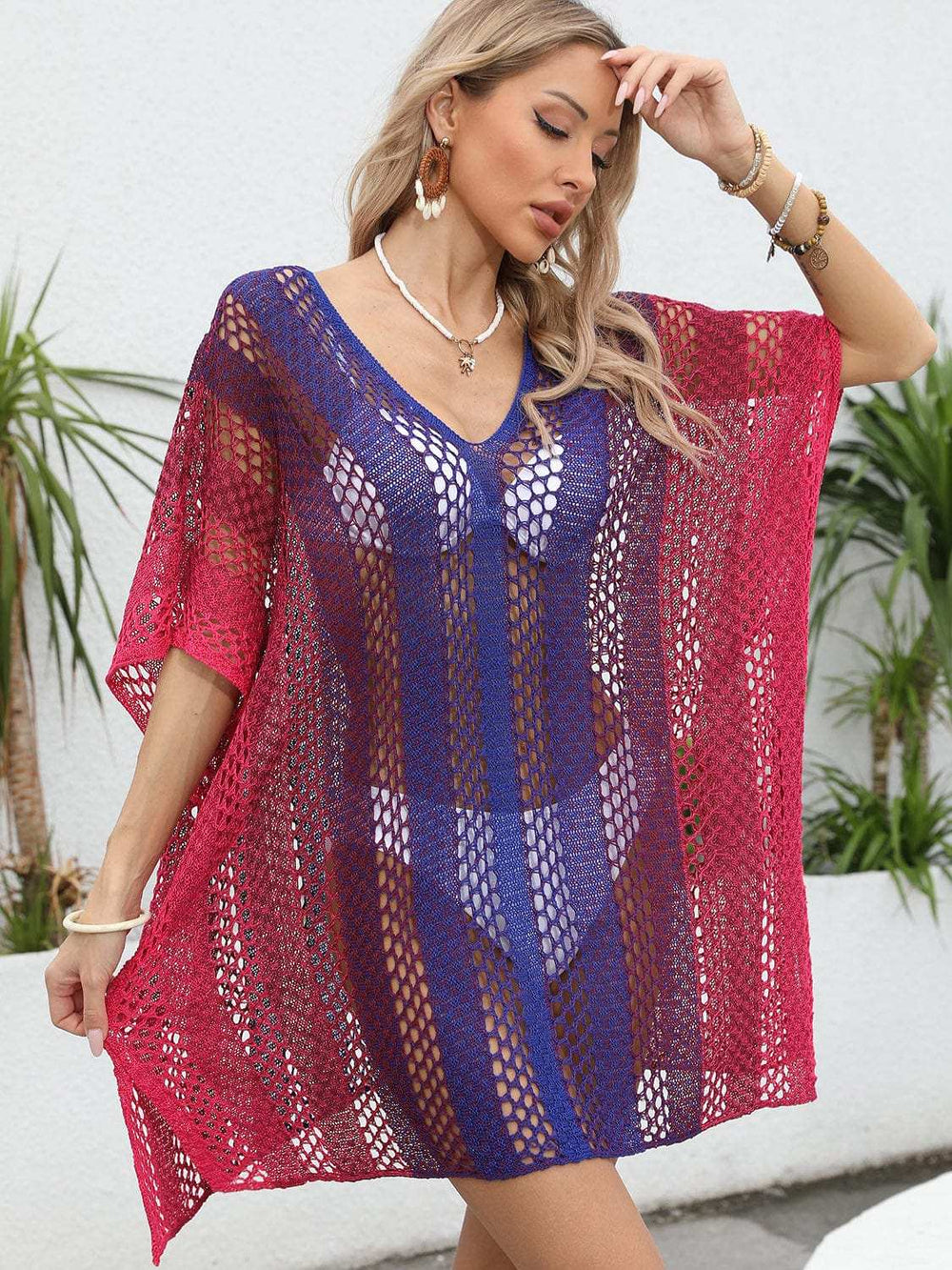 Openwork Contrast V-Neck Cover-Up - Trendsi - Flyclothing LLC