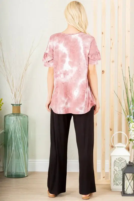 Heimish Full Size Ruffled Sleeve Tie Dye Top Plus Size - Trendsi - Flyclothing LLC