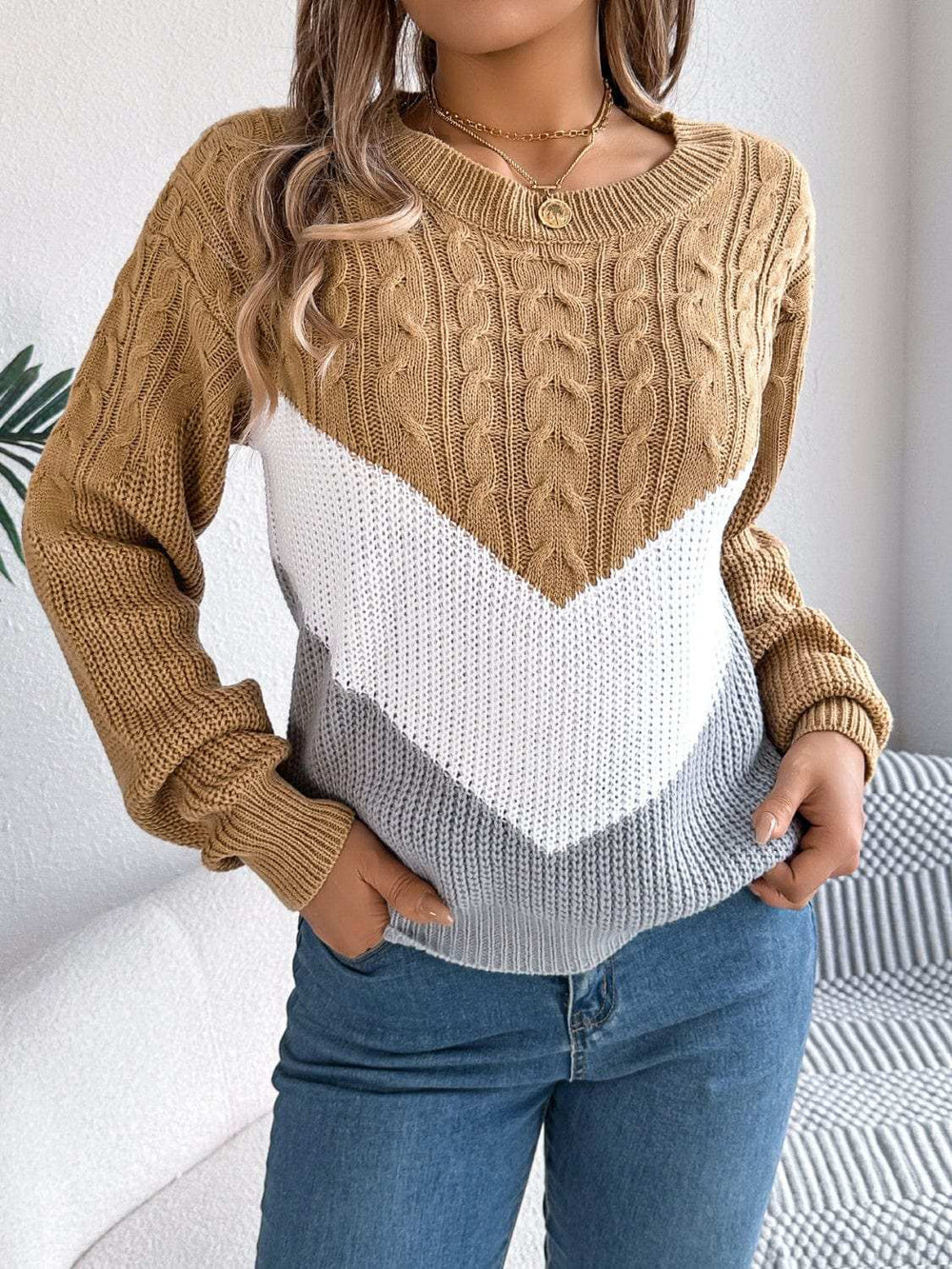 Cable-Knit Color Block Round Neck Sweater - Trendsi - Flyclothing LLC