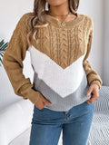 Cable-Knit Color Block Round Neck Sweater - Trendsi