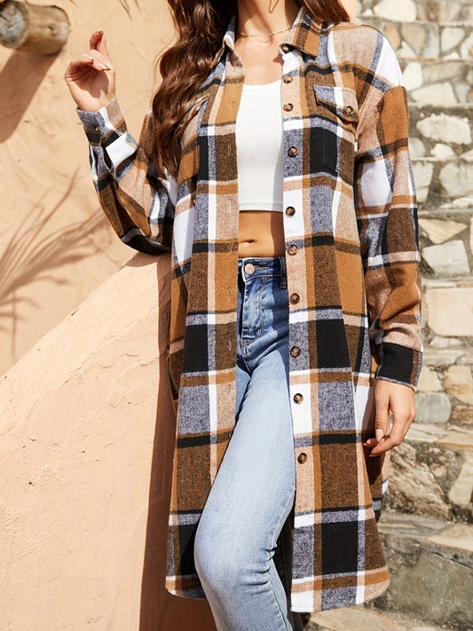 Plaid Collared Neck Long Sleeve Jacket - Trendsi
