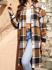 Plaid Collared Neck Long Sleeve Jacket - Trendsi
