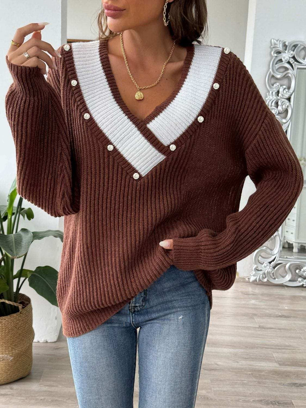 Contrast Trim Dropped Shoulder Long Sleeve Sweater - Trendsi - Flyclothing LLC