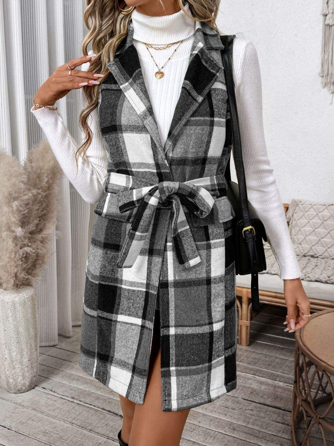 Perfee Tied Plaid Vest Coat - Trendsi - Flyclothing LLC
