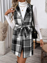 Perfee Tied Plaid Vest Coat - Trendsi - Flyclothing LLC