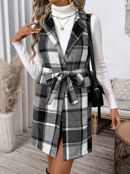 Perfee Tied Plaid Vest Coat - Trendsi - Flyclothing LLC