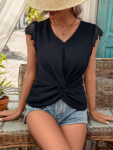 Lace Detail V-Neck Cap Sleeve T-Shirt - Trendsi - Flyclothing LLC