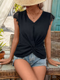 Lace Detail V-Neck Cap Sleeve T-Shirt - Trendsi