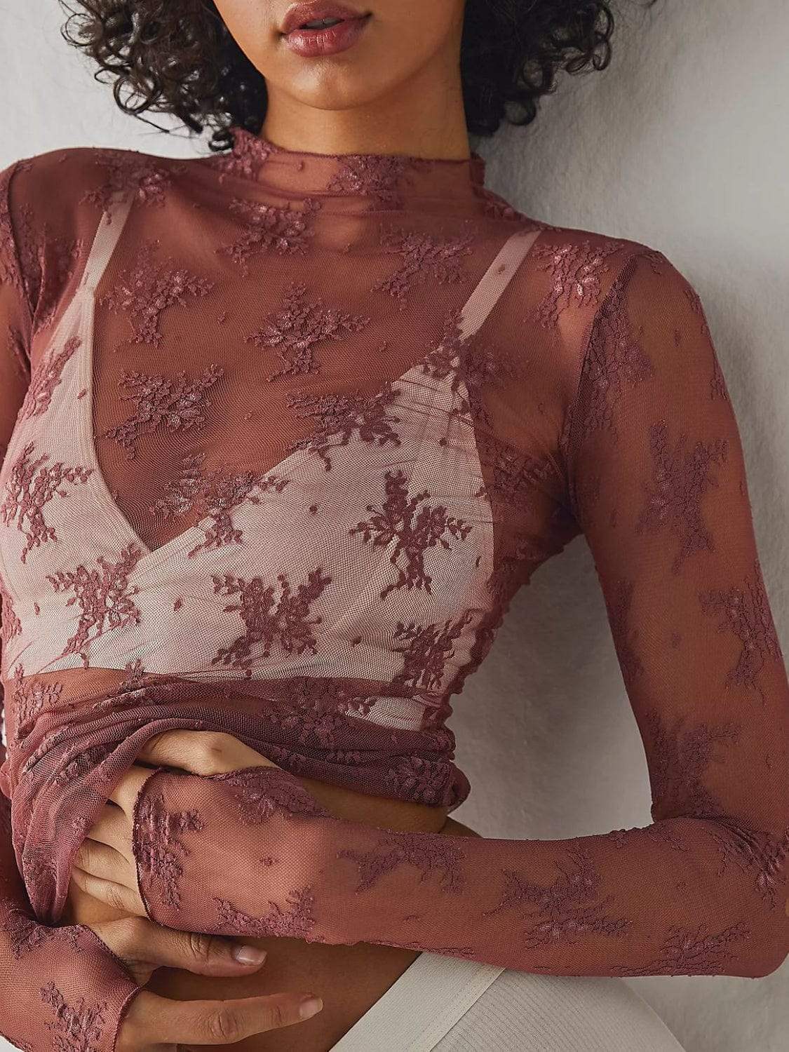 Lace Mock Neck Long Sleeve Blouse - Trendsi - Flyclothing LLC