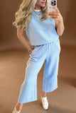 Oh Full Size Texture Contrast Trim Round Neck Top and Pants Set - Trendsi