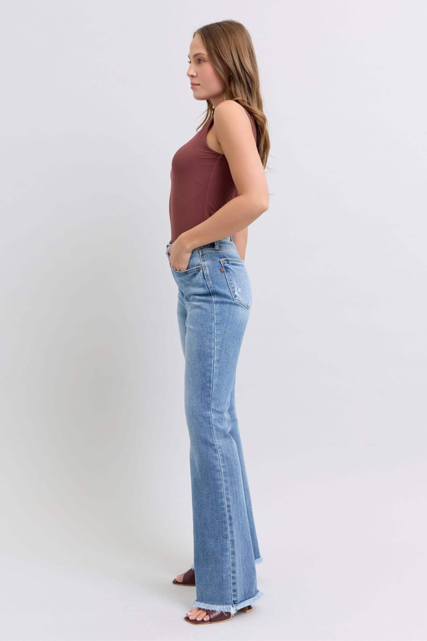 Judy Blue Full Size Raw Hem High Rise Bootcut Jeans - Trendsi - Flyclothing LLC