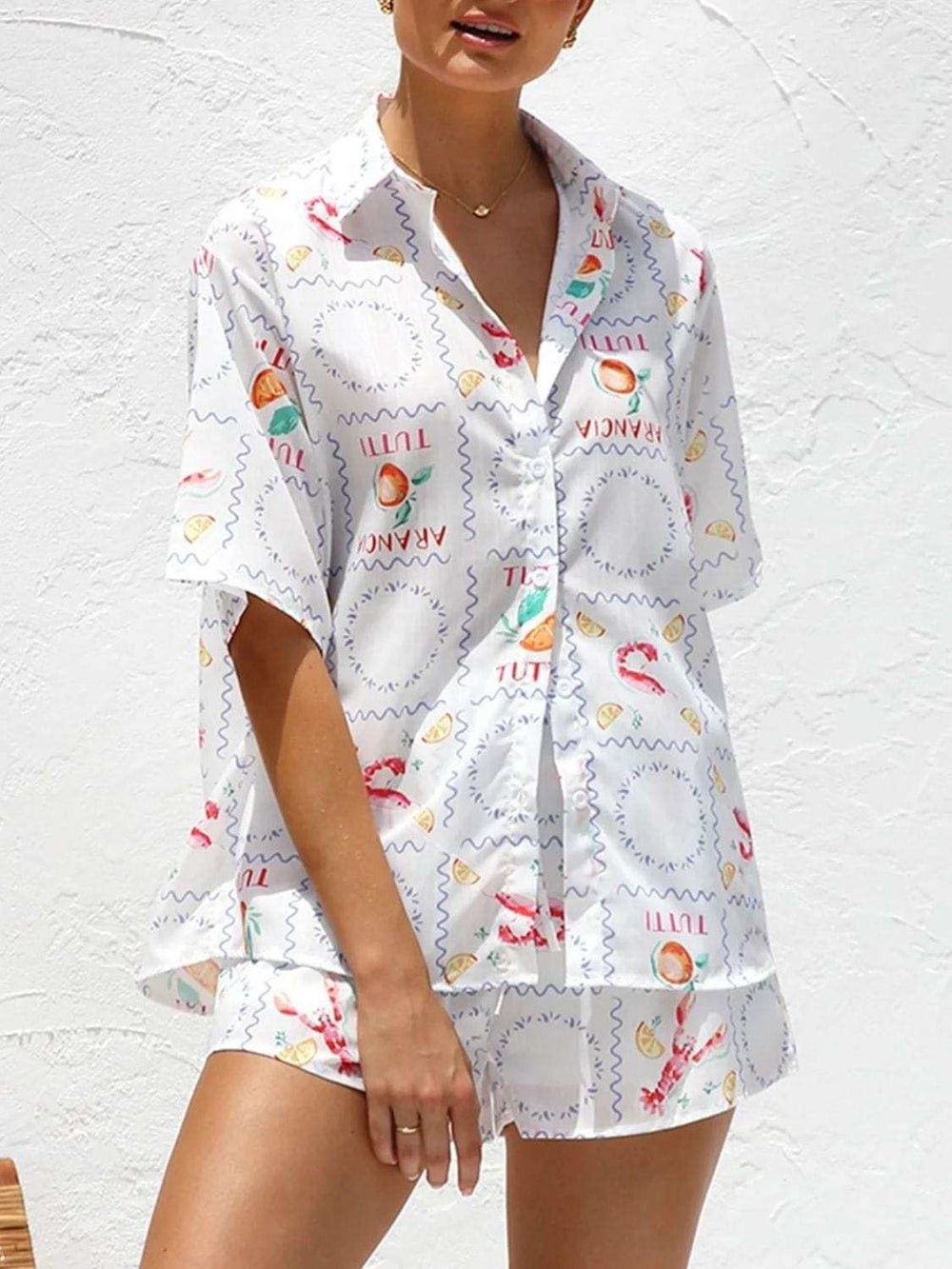 Printed Button Down Short Sleeve Top and Shorts Set - Trendsi - Flyclothing LLC