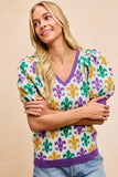 BiBi Mardi Gras Fleur De Lis Patterned V Neck Knit Top - Trendsi - Flyclothing LLC