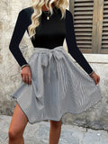 Tied Striped Round Neck Long Sleeve  Dress - Trendsi