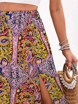 Slit Printed Elastic Waist Skirt - Trendsi - Flyclothing LLC