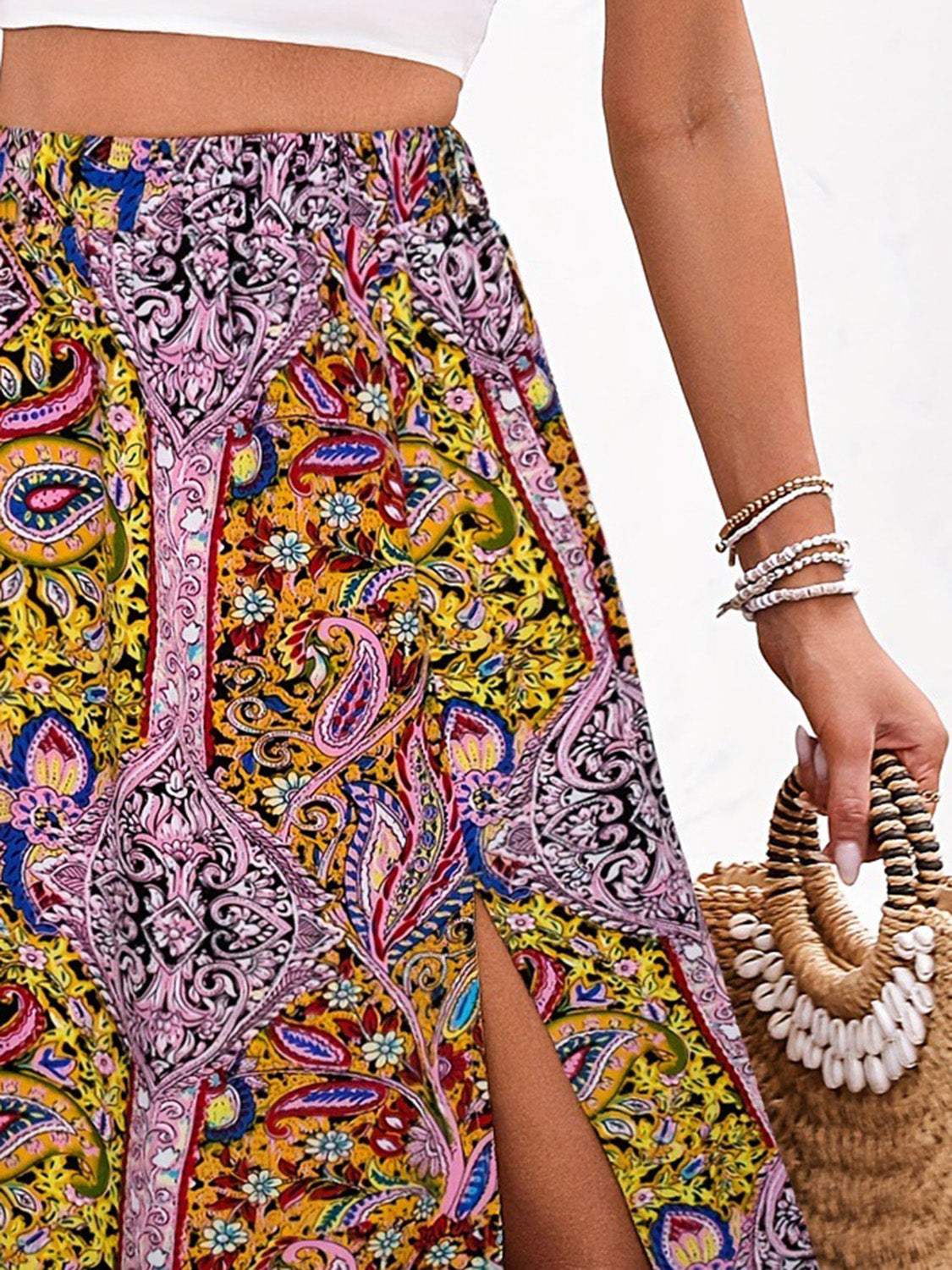 Slit Printed Elastic Waist Skirt - Trendsi - Flyclothing LLC