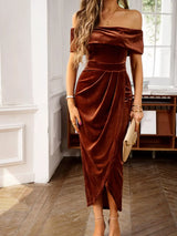 Velvet Off-Shoulder Ruched Midi Dress - Trendsi - Flyclothing LLC