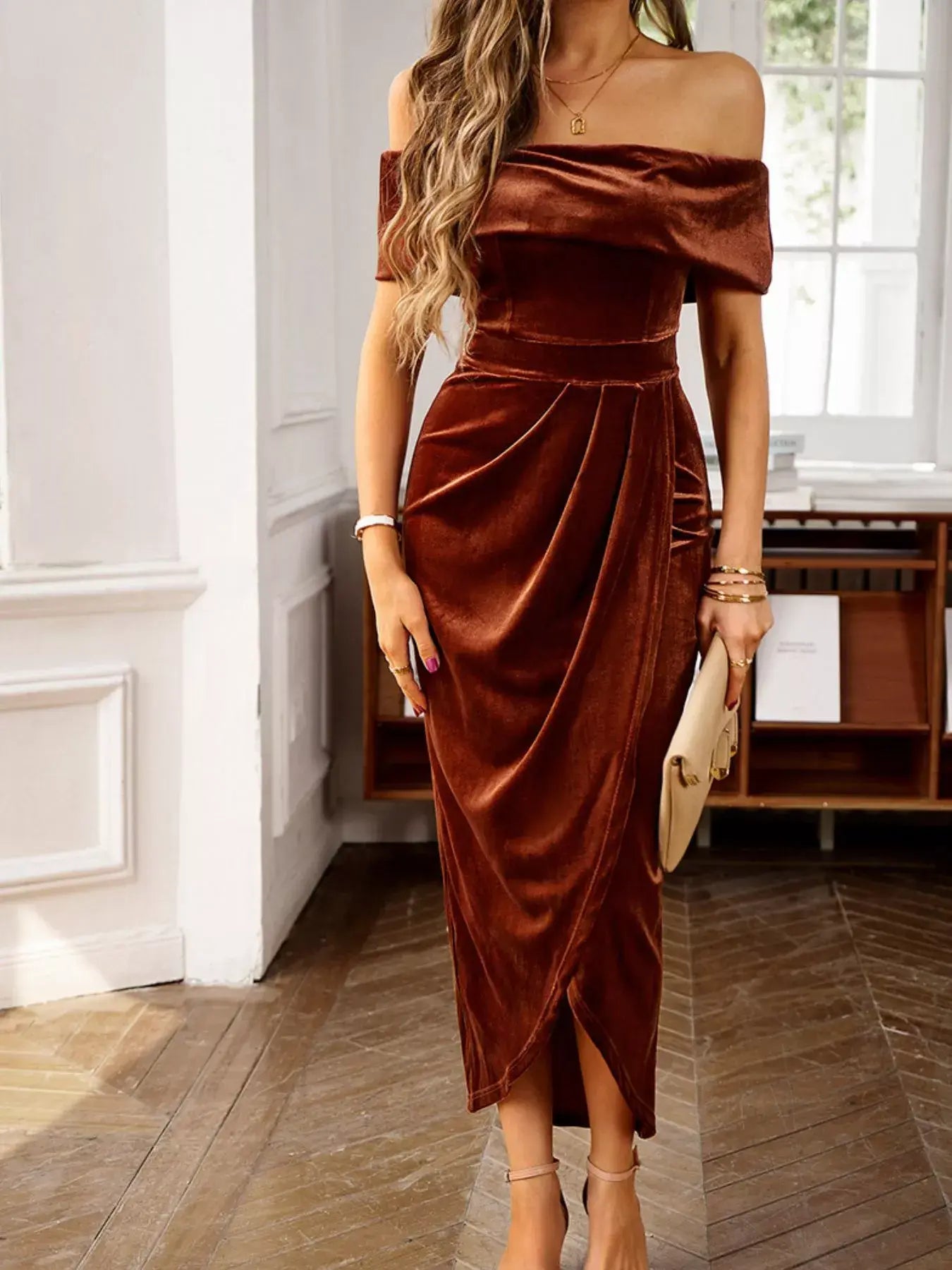 Velvet Off-Shoulder Ruched Midi Dress - Trendsi - Flyclothing LLC