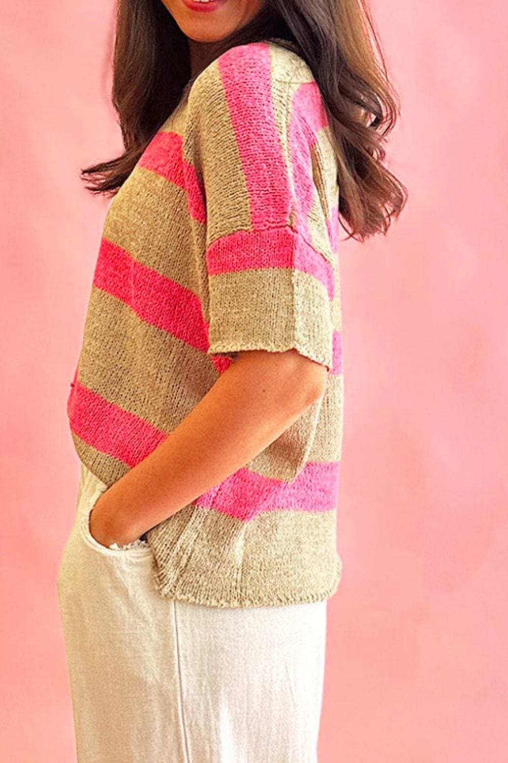 Contrast Striped Crew Neck Lightweight Knit Top - Trendsi - Flyclothing LLC