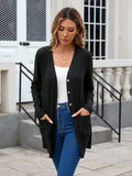Ribbed Button Down V-Neck Long Sleeve Cardigan - Trendsi