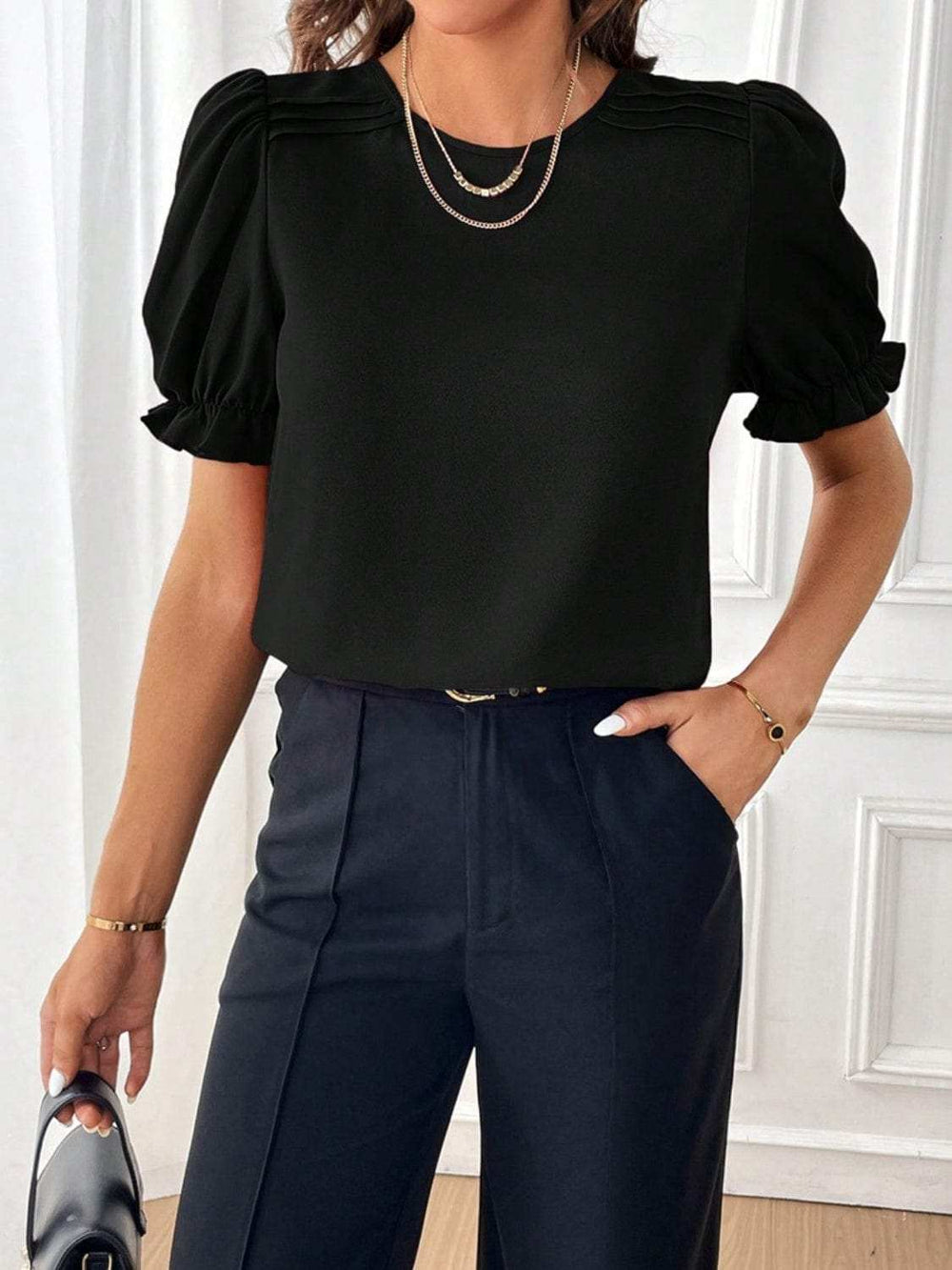 Round Neck Flounce Sleeve Blouse - Trendsi - Flyclothing LLC