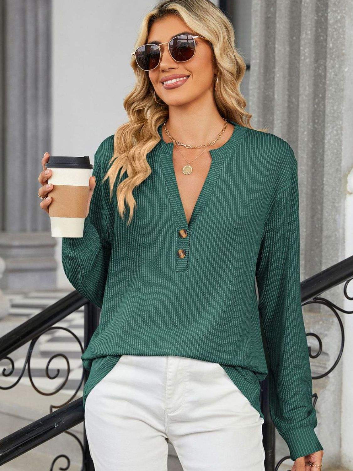 Striped Notched Long Sleeve T-Shirt - Trendsi - Flyclothing LLC