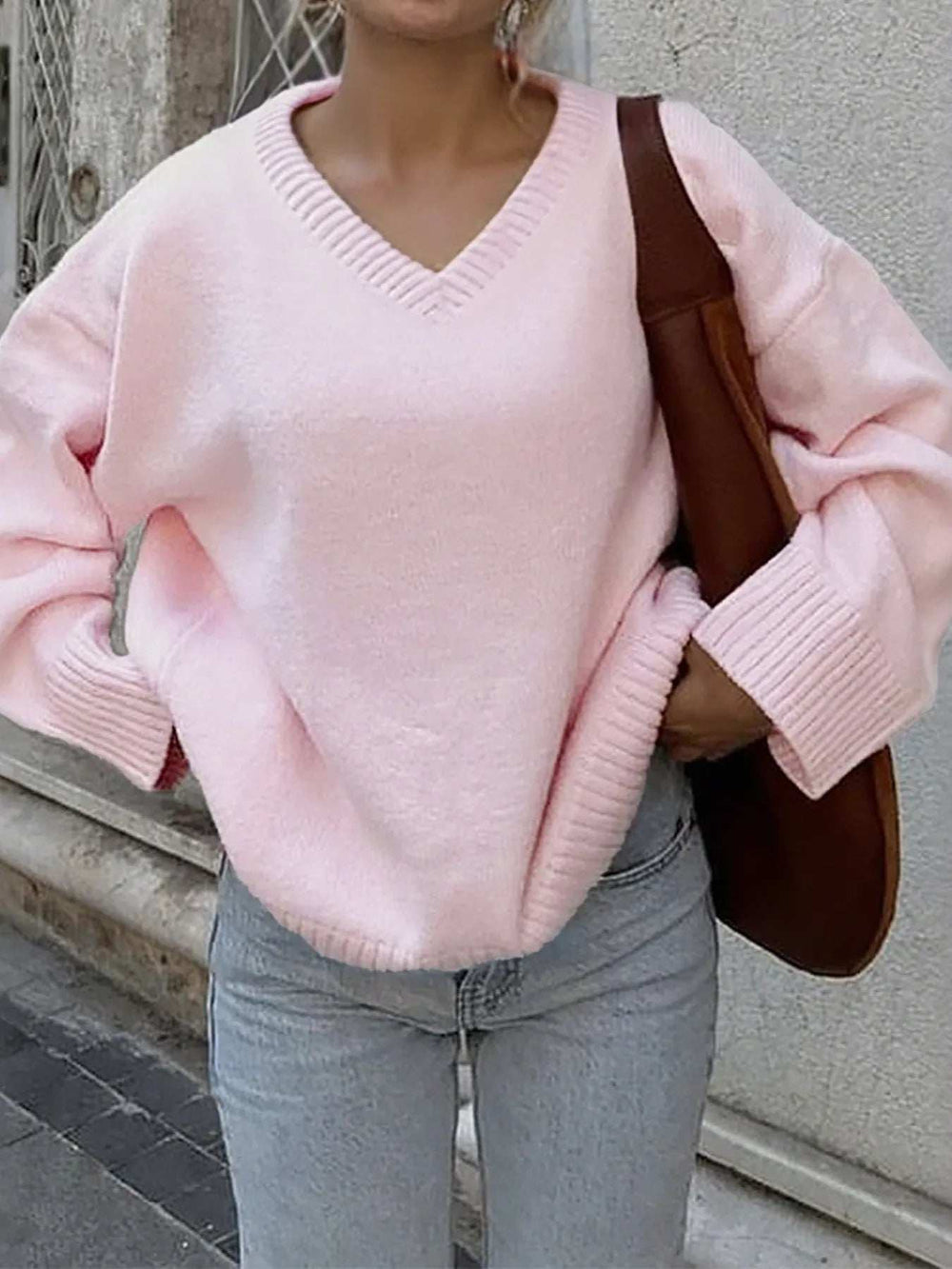 V-Neck Long Sleeve Sweater - Trendsi - Flyclothing LLC