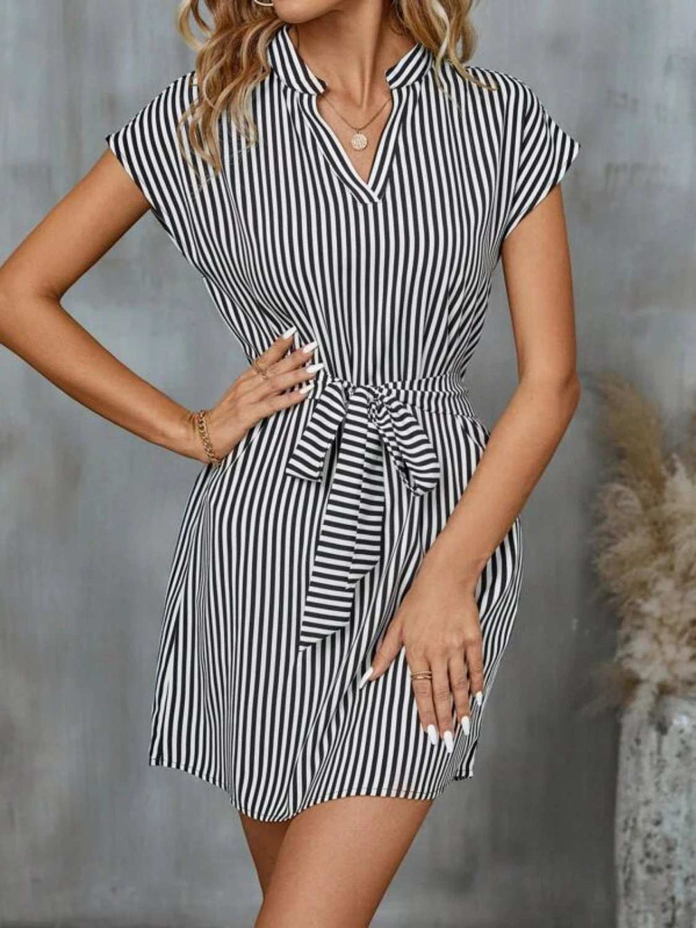 Tied Striped Cap Sleeve Mini Dress - Trendsi - Flyclothing LLC