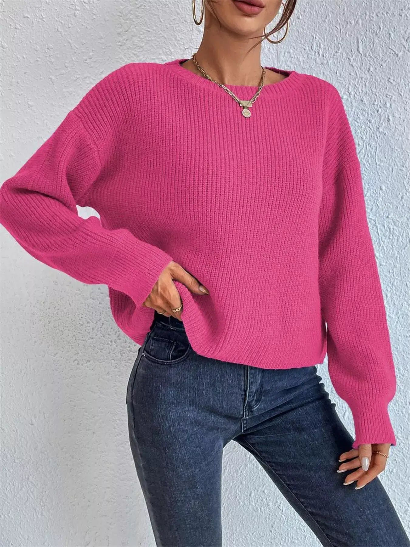 Ribbed Knit Dropped Shoulder Sweater - Trendsi - Flyclothing LLC