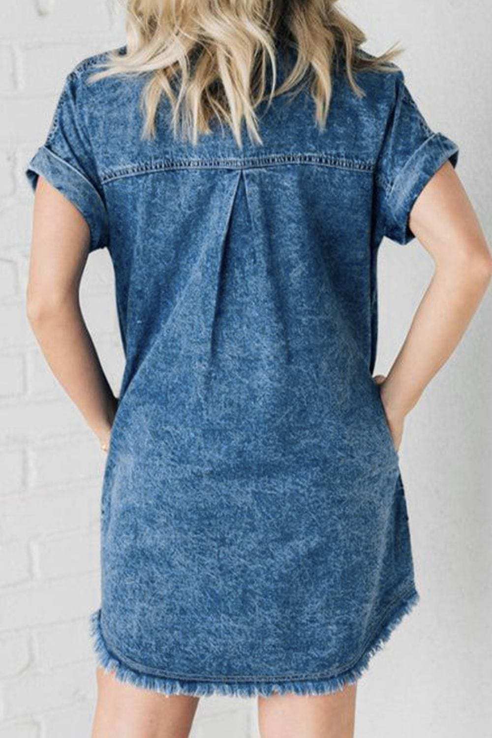 Raw Hem Pocketed Cap Sleeve Denim Dress - Trendsi - Flyclothing LLC