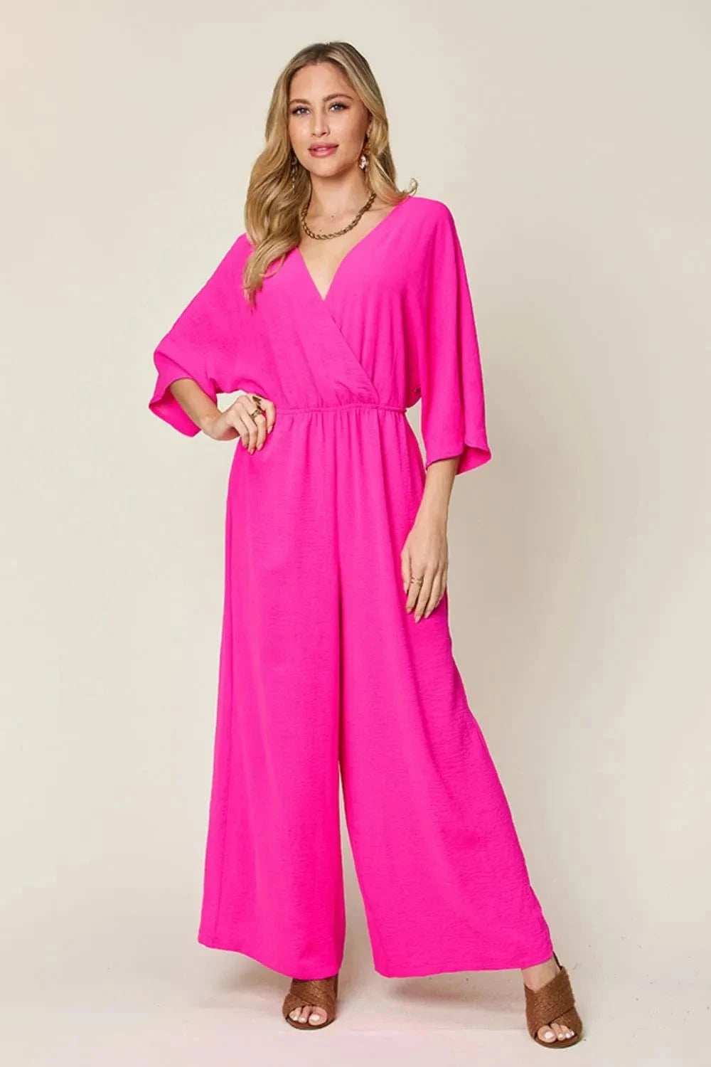 Double Take Full Size Surplice Wide Leg Jumpsuit with Pockets - Trendsi - Flyclothing LLC