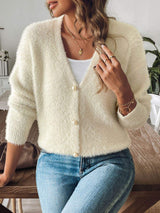 Button Up V-Neck Long Sleeve Cardigan - Trendsi - Flyclothing LLC
