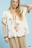 Umgee Paisley Embroidered Short Puff Sleeve Top - Trendsi - Flyclothing LLC