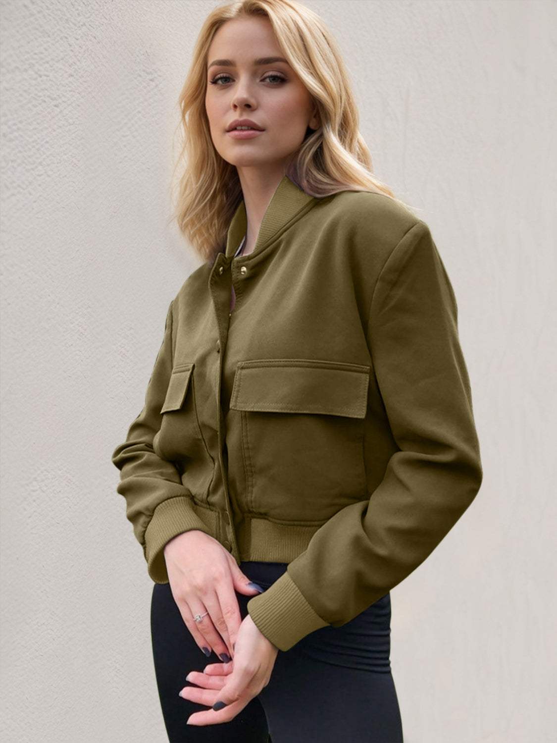 Pocketed Snap Down Baseball Collar Jacket - Trendsi - Flyclothing LLC