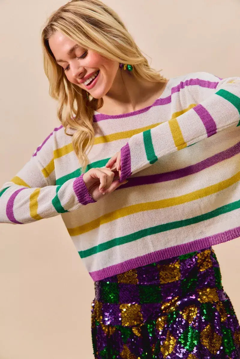SO ME Mardi Gras Color Stripe Lightweight Sweater Top - Trendsi - Flyclothing LLC