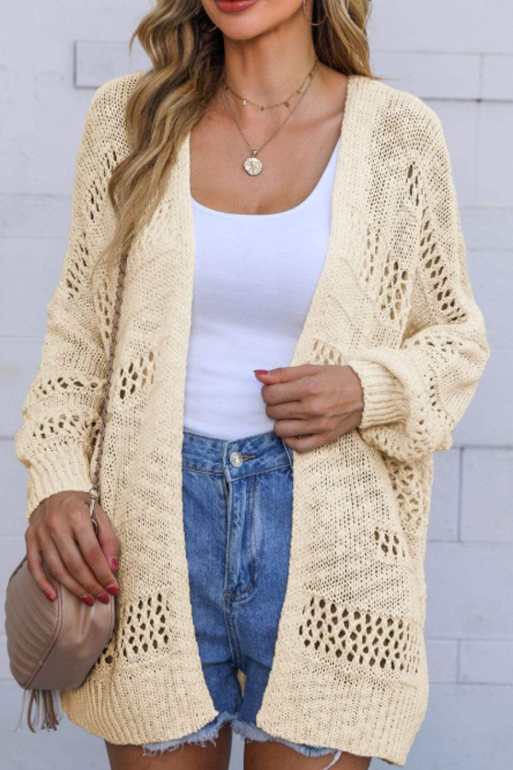 Openwork Open Front Long Sleeve Cardigan - Trendsi - Flyclothing LLC