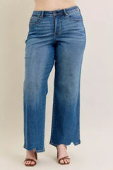 Judy Blue Full Size High Waist Tummy Control Chew Hem Destroy Wide Jeans Plus Size - Trendsi - Flyclothing LLC