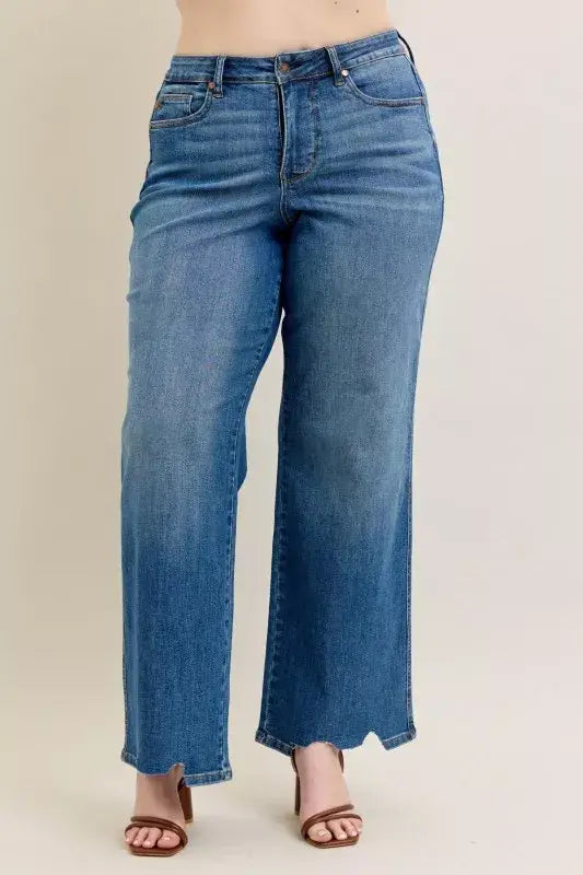 Judy Blue Full Size High Waist Tummy Control Chew Hem Destroy Wide Jeans Plus Size - Trendsi - Flyclothing LLC