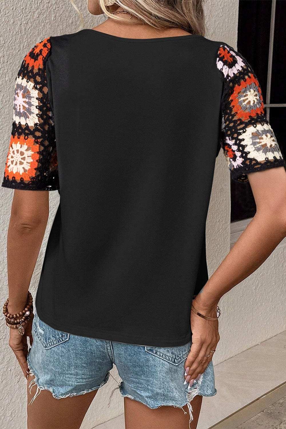 Geometric Round Neck Short Sleeve Blouse - Trendsi - Flyclothing LLC