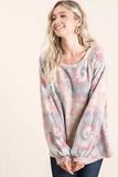 BiBi Brushed Tie Dye Print Top with Puff Sleeves - Trendsi - Flyclothing LLC