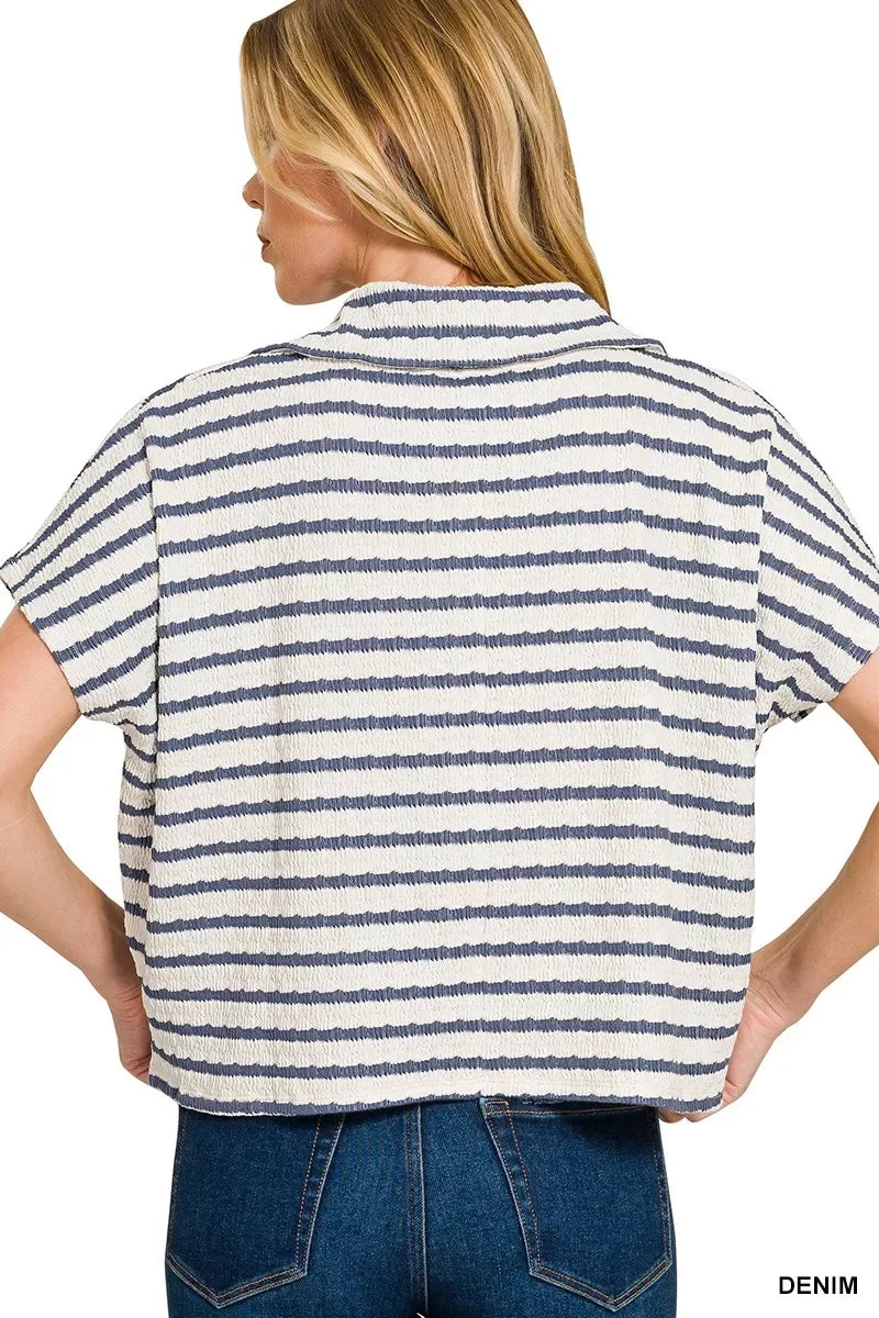 Zenana Striped Split Neck Collared Top - Trendsi - Flyclothing LLC